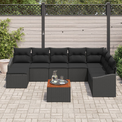 9 Piece Garden Sofa Set with Cushions Black Poly Rattan Acacia
