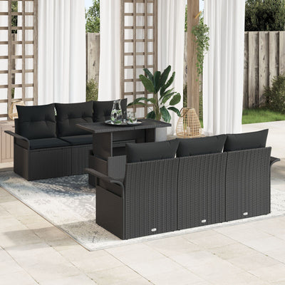 7 Piece Garden Sofa Set with Cushions Black Poly Rattan