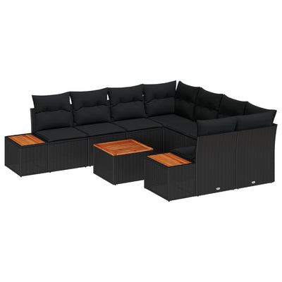9 Piece Garden Sofa Set with Cushions Black Poly Rattan Acacia