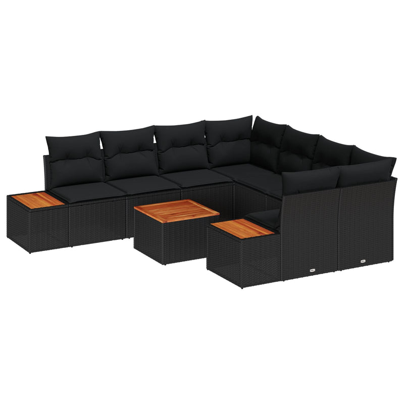 9 Piece Garden Sofa Set with Cushions Black Poly Rattan Acacia