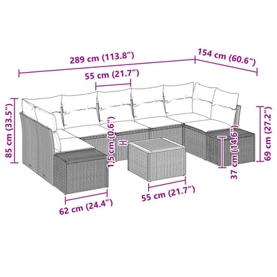 8 Piece Garden Sofa Set with Cushions Black Poly Rattan Acacia