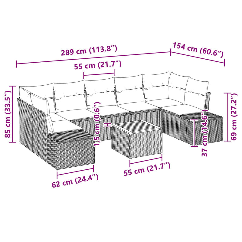 8 Piece Garden Sofa Set with Cushions Black Poly Rattan Acacia