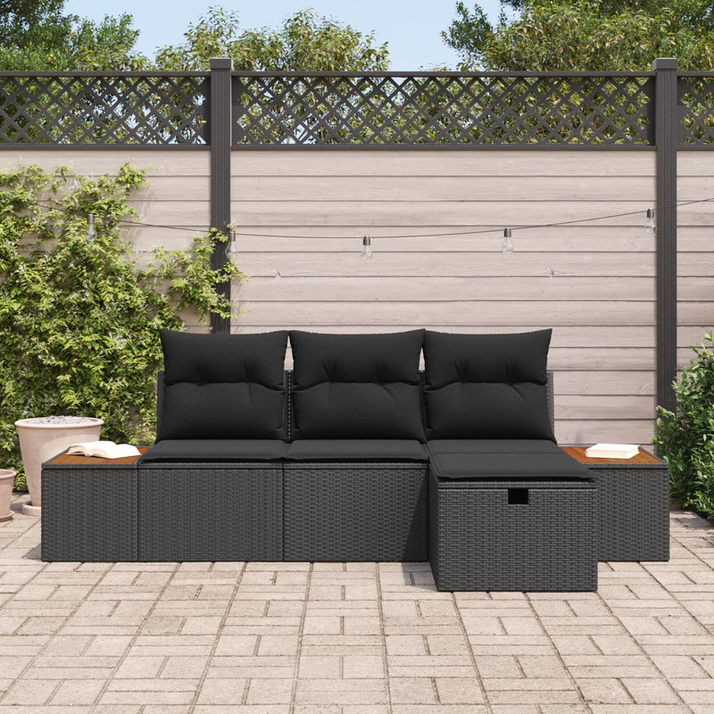 4 Piece Garden Sofa Set with Cushions Black Poly Rattan