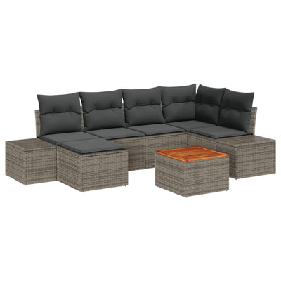7 Piece Garden Sofa Set with Cushions Grey Poly Rattan Acacia