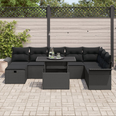 9 Piece Garden Sofa Set with Cushions Black Poly Rattan