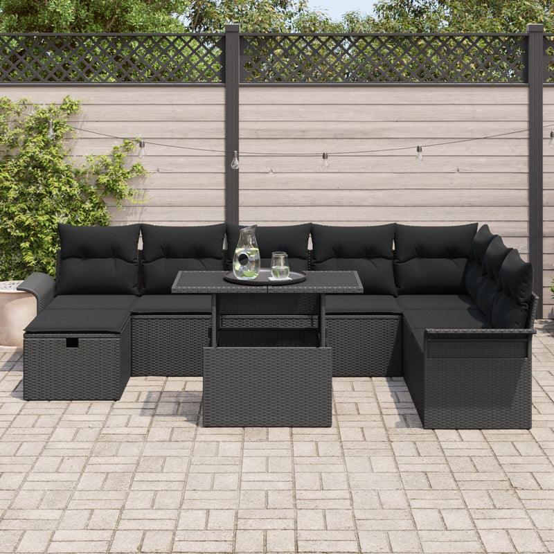 9 Piece Garden Sofa Set with Cushions Black Poly Rattan