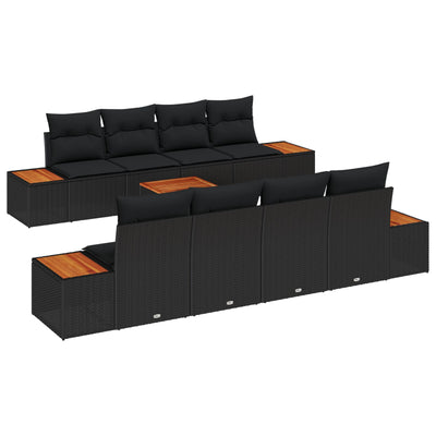 9 Piece Garden Sofa Set with Cushions Black Poly Rattan Acacia
