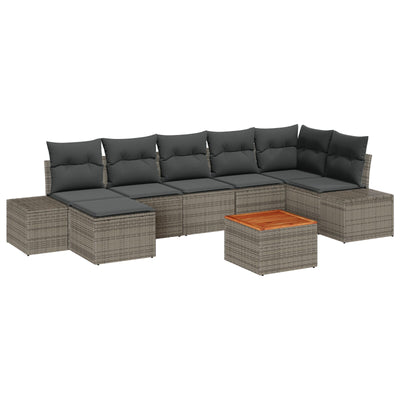 8 Piece Garden Sofa Set with Cushions Grey Poly Rattan Acacia