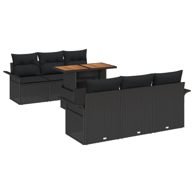 7 Piece Garden Sofa Set with Cushions Black Poly Rattan Acacia
