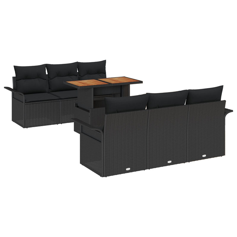 7 Piece Garden Sofa Set with Cushions Black Poly Rattan Acacia