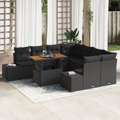 9 Piece Garden Sofa Set with Cushions Black Poly Rattan