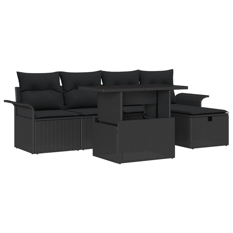 6 Piece Garden Sofa Set with Cushions Black Poly Rattan