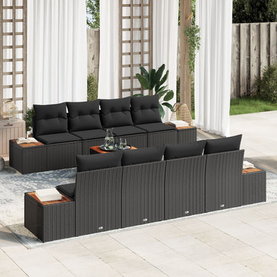 9 Piece Garden Sofa Set with Cushions Black Poly Rattan Acacia