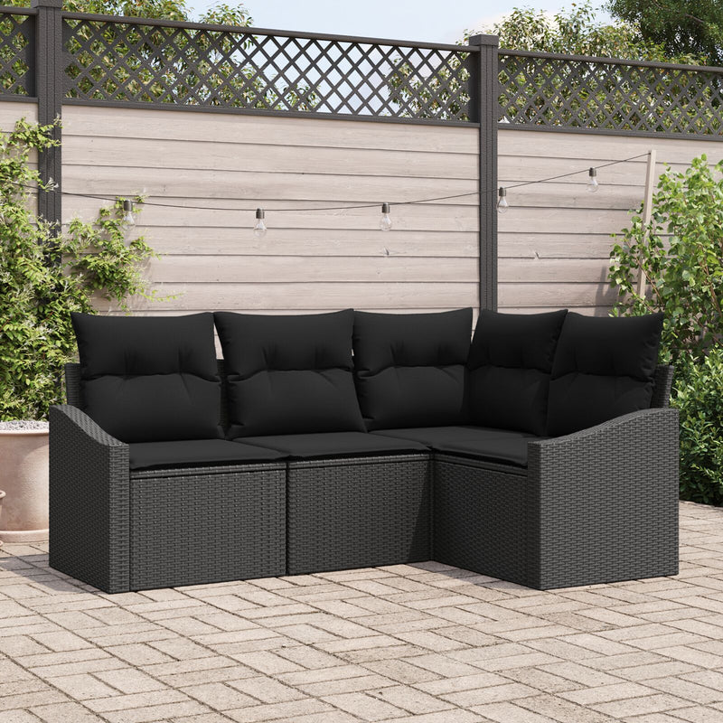 Garden Sofa Set 4-Seater Black Rattan, Fabric Outdoor Sofa
