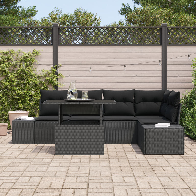 6 Piece Garden Sofa Set with Cushions Black Poly Rattan