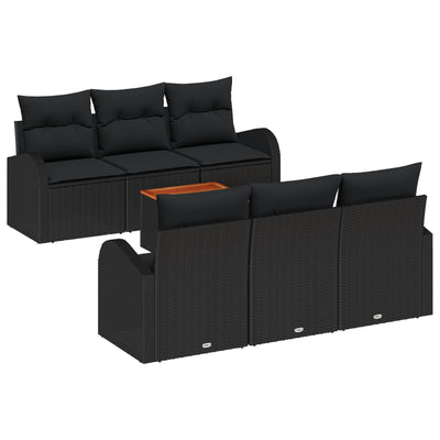 7 Piece Garden Sofa Set with Cushions Black Poly Rattan Acacia