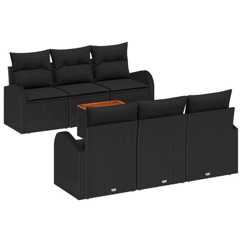 7 Piece Garden Sofa Set with Cushions Black Poly Rattan Acacia