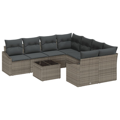9 Piece Garden Sofa Set with Cushions Grey Poly Rattan