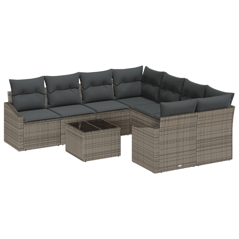 9 Piece Garden Sofa Set with Cushions Grey Poly Rattan