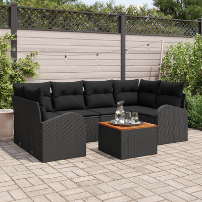 7 Piece Garden Sofa Set with Cushions Black Poly Rattan Acacia