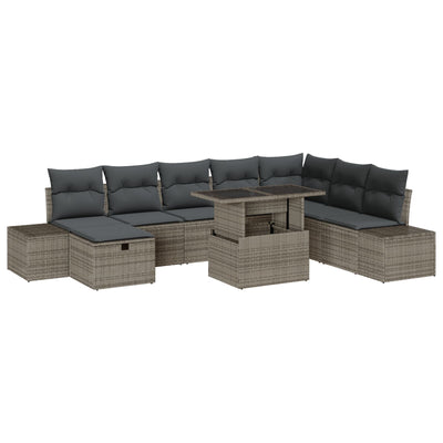 9 Piece Garden Sofa Set with Cushions Grey Poly Rattan