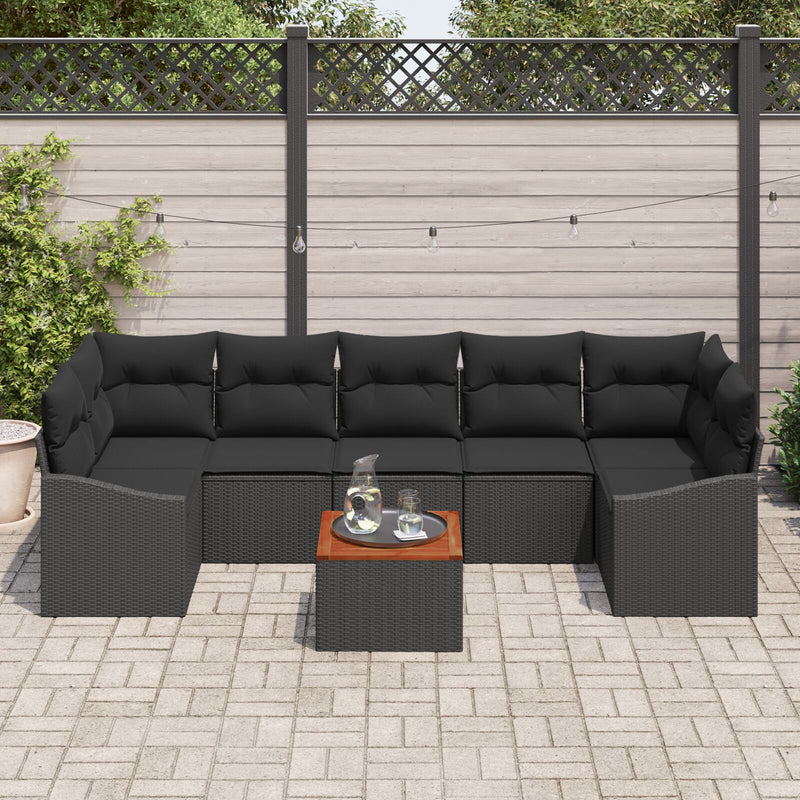 8 Piece Garden Sofa Set with Cushions Black Poly Rattan Acacia