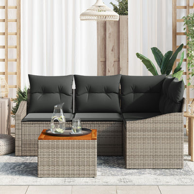 5 Piece Garden Sofa Set with Cushions Grey Poly Rattan Acacia
