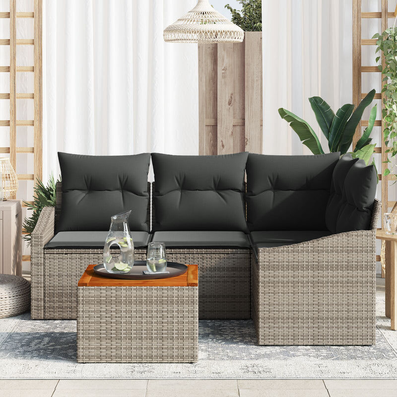 5 Piece Garden Sofa Set with Cushions Grey Poly Rattan Acacia