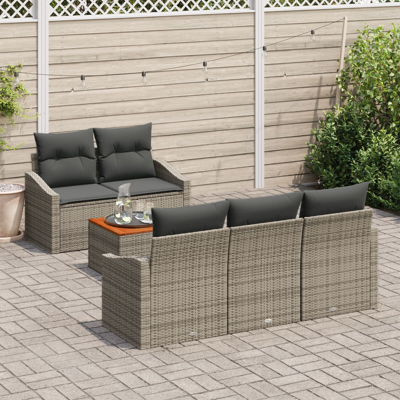 6 Piece Garden Sofa Set with Cushions Grey Poly Rattan Acacia