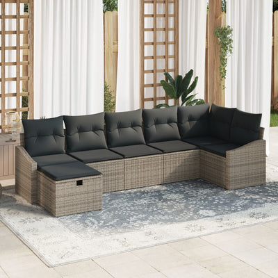 7 Piece Garden Sofa Set with Cushions Grey Poly Rattan