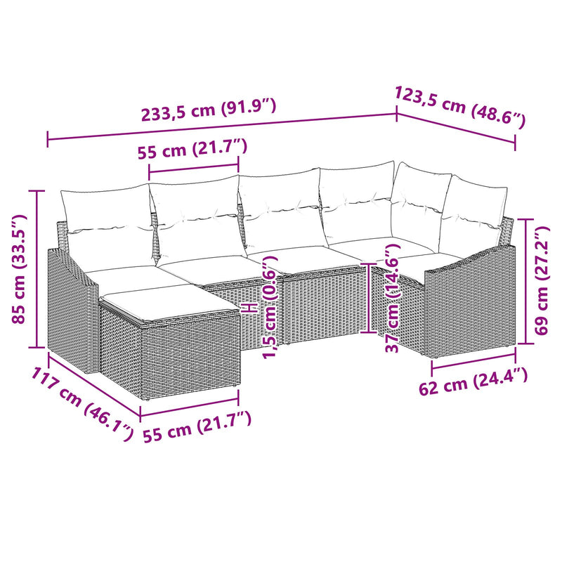 6 Piece Garden Sofa Set with Cushions Grey Poly Rattan