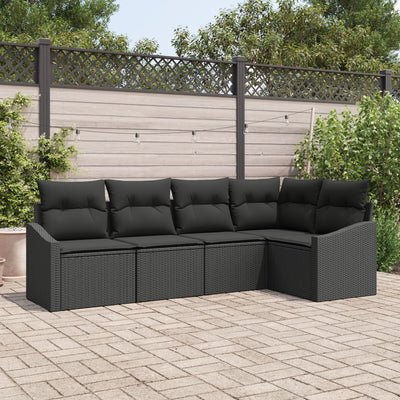 5 Piece Garden Sofa Set with Cushions Black Poly Rattan
