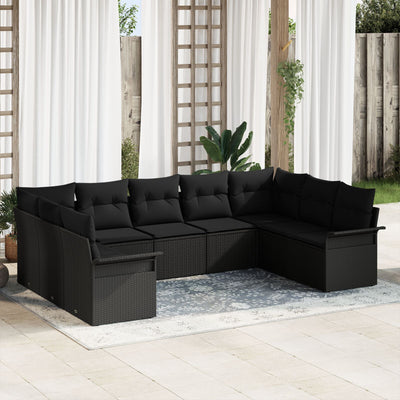 9 Piece Garden Sofa Set with Cushions Black Poly Rattan
