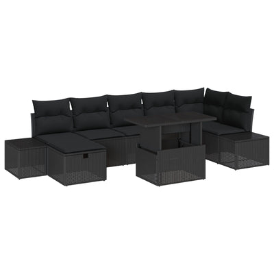 8 Piece Garden Sofa Set with Cushions Black Poly Rattan