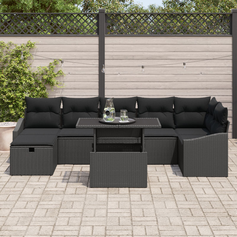 8 Piece Garden Sofa Set with Cushions Black Poly Rattan