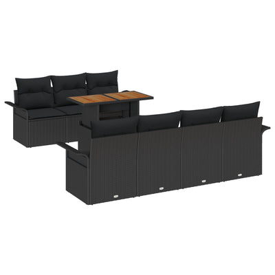 8 Piece Garden Sofa Set with Cushions Black Poly Rattan Acacia