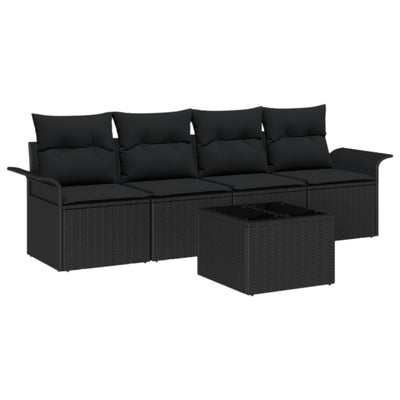 5 Piece Garden Sofa Set with Cushions Black Poly Rattan