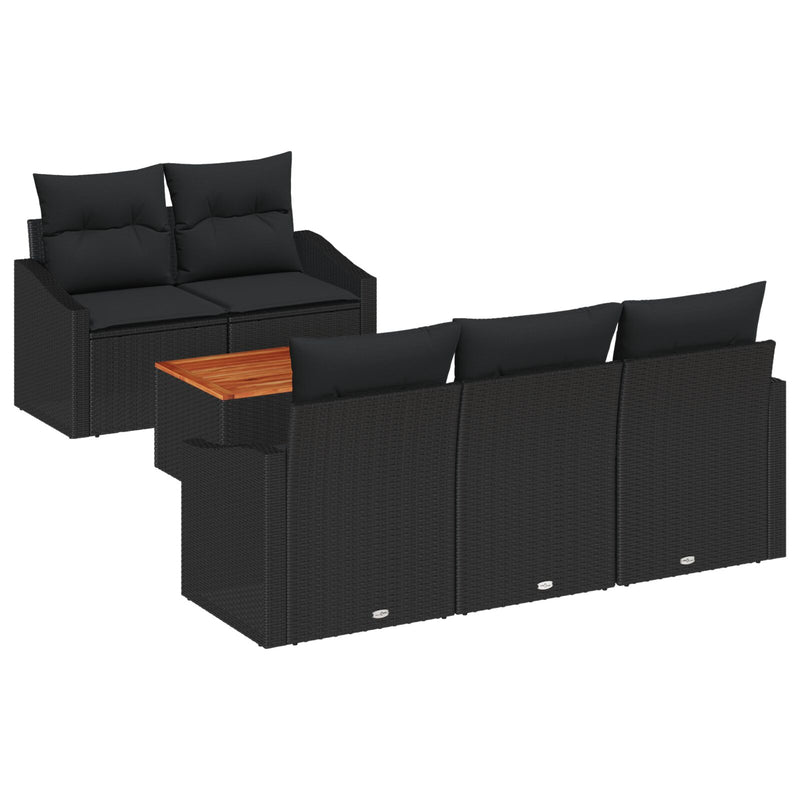 6 Piece Garden Sofa Set with Cushions Black Poly Rattan Acacia