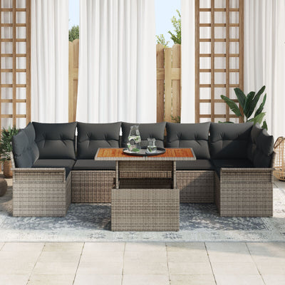 8 Piece Garden Sofa Set with Cushions Grey Poly Rattan Acacia