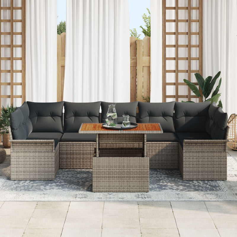 8 Piece Garden Sofa Set with Cushions Grey Poly Rattan Acacia