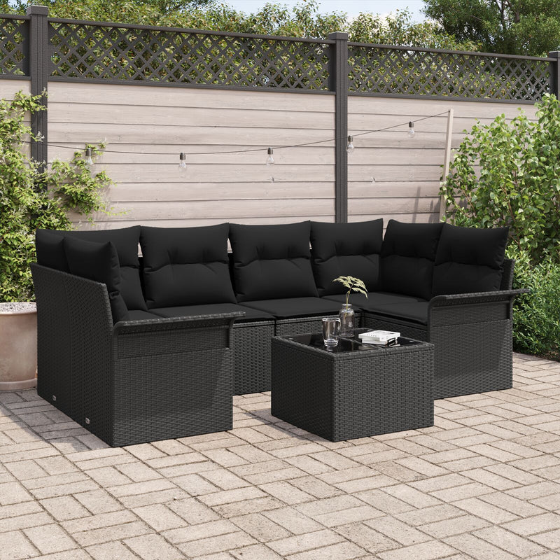7 Piece Garden Sofa Set with Cushions Black Poly Rattan