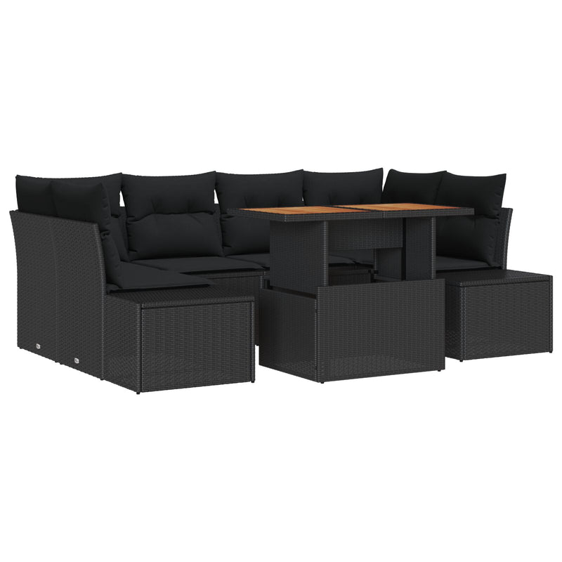 7 Piece Garden Sofa Set with Cushions Black Poly Rattan