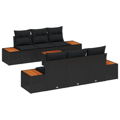 7 Piece Garden Sofa Set with Cushions Black Poly Rattan Acacia
