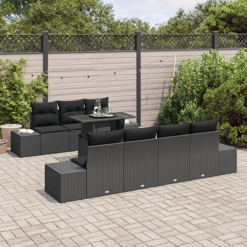 8 Piece Garden Sofa Set with Cushions Black Poly Rattan