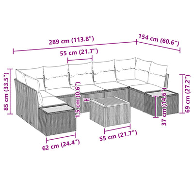 8 Piece Garden Sofa Set with Cushions Black Poly Rattan Acacia