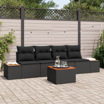 5 Piece Garden Sofa Set with Cushions Black Poly Rattan Acacia