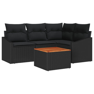 5 Piece Garden Sofa Set with Cushions Black Poly Rattan Acacia