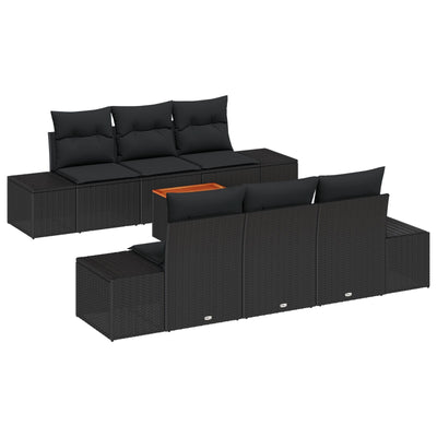 7 Piece Garden Sofa Set with Cushions Black Poly Rattan Acacia