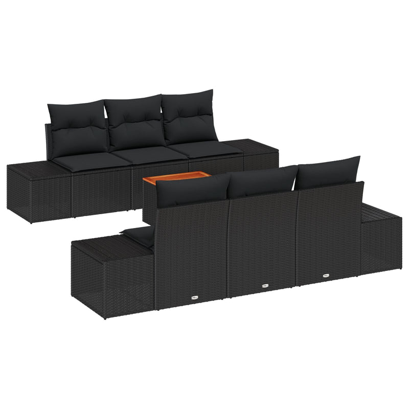7 Piece Garden Sofa Set with Cushions Black Poly Rattan Acacia