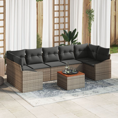 8 Piece Garden Sofa Set with Cushions Grey Poly Rattan Acacia